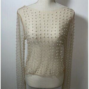 Haute Monde Faux Pearl & Rhinestone Nude Long Sleeve Shirt Womens XL Holiday